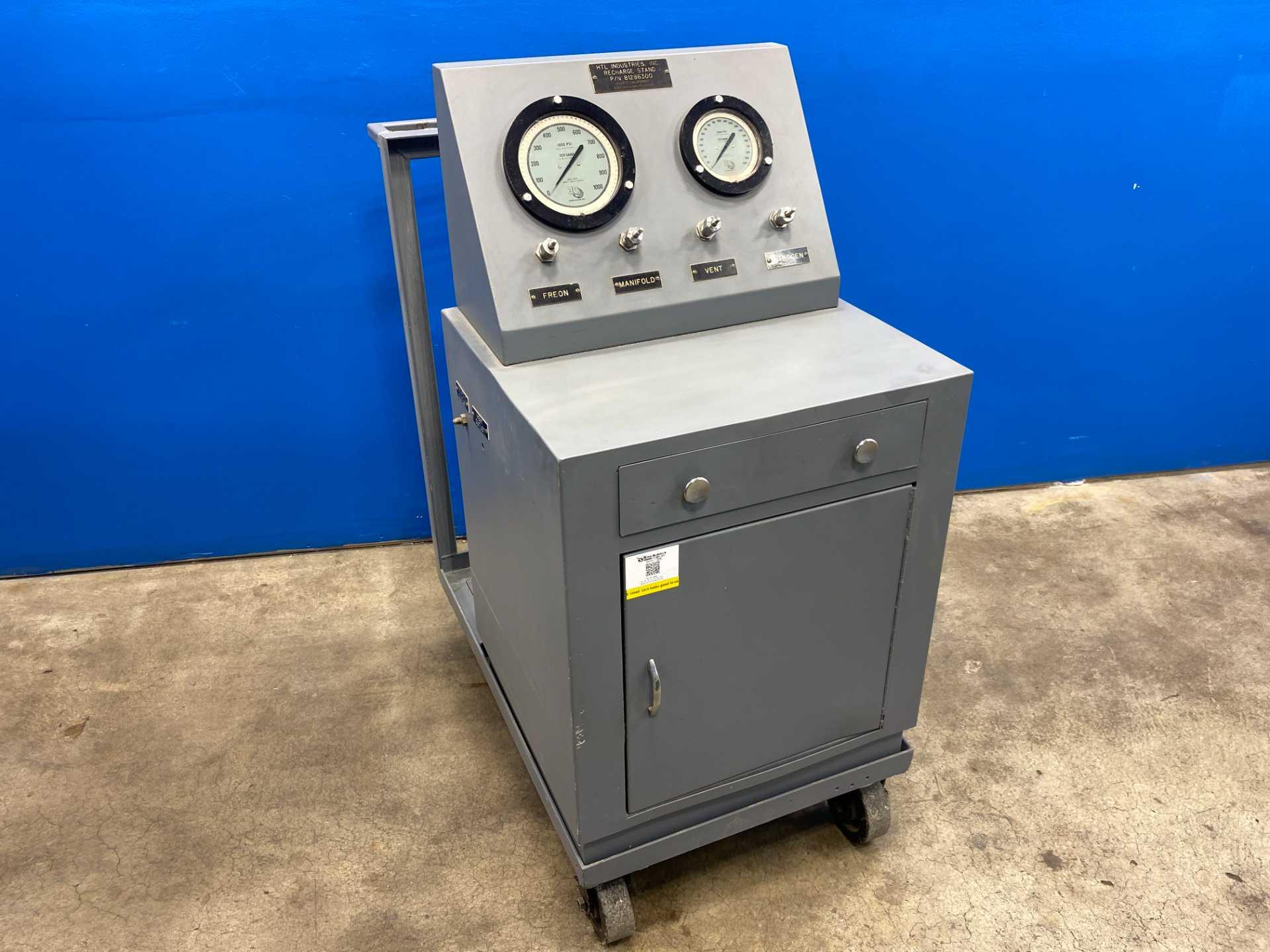 Fire Extinguisher Recharge Stand Nitrogen Halon Charging Test Cart HTL Industries P/N 81286300 NSN 3655-00-165-7803