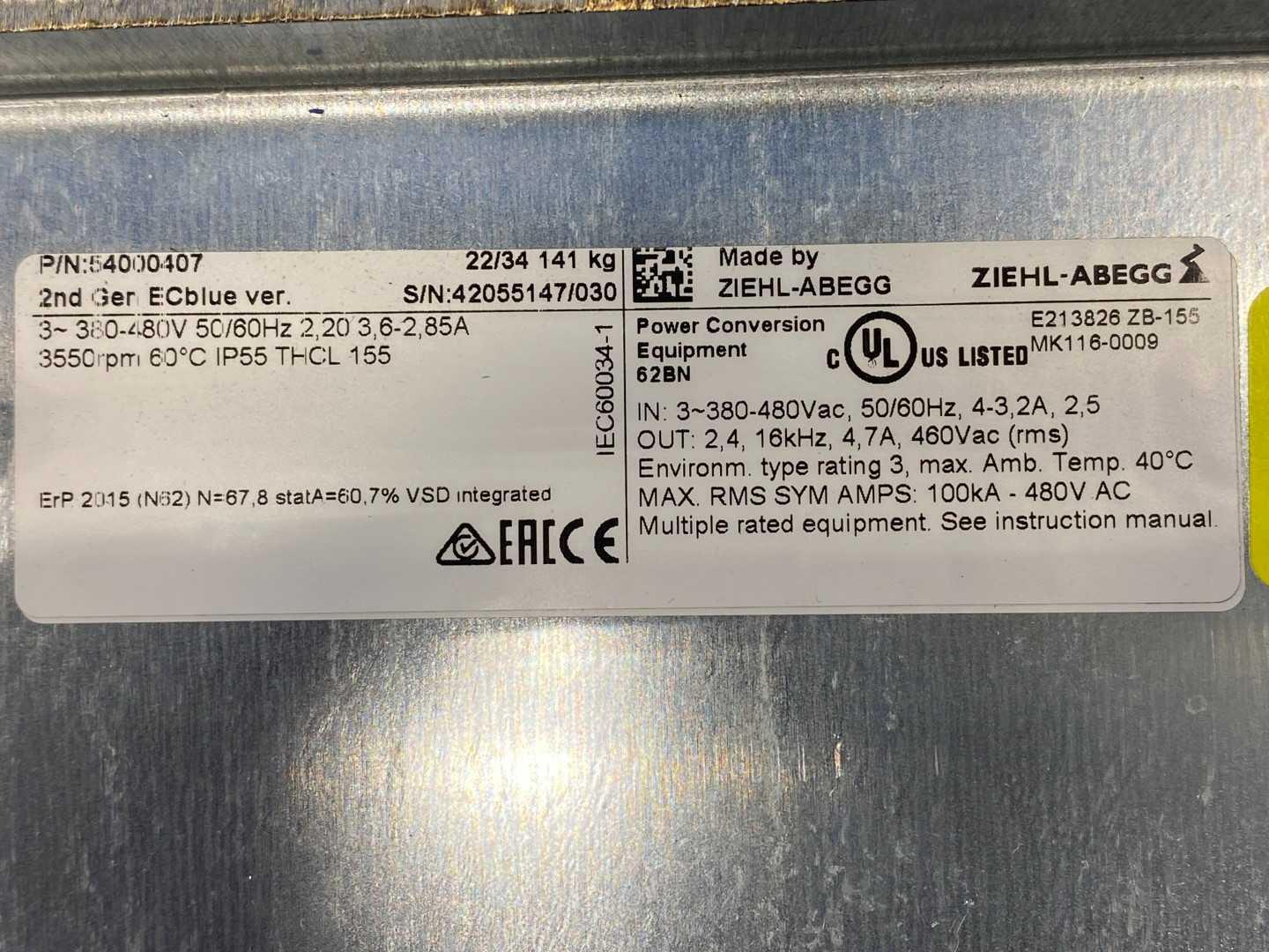 Ziehl-Abegg E213826 ZB-155 ECBlue Fan, 54000407 380-480VAC
