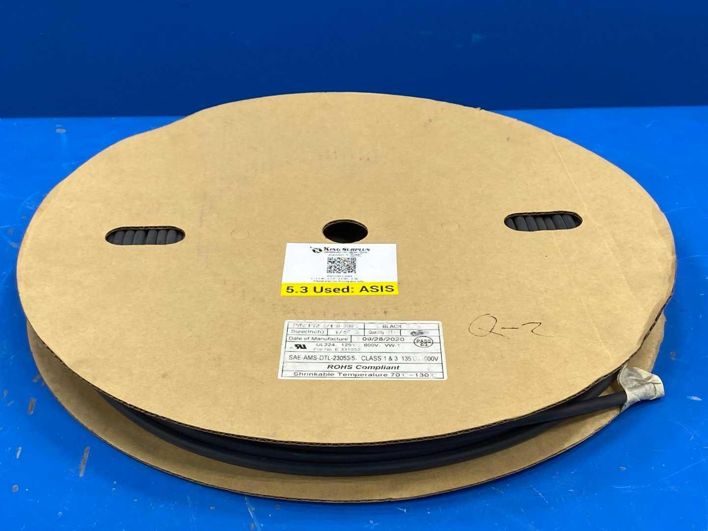 WOER FT2 1/4-0-200, 1/4" Black Polyolefin Heat Shrink Tubing, 2:1, 600V, 200 FT Spool