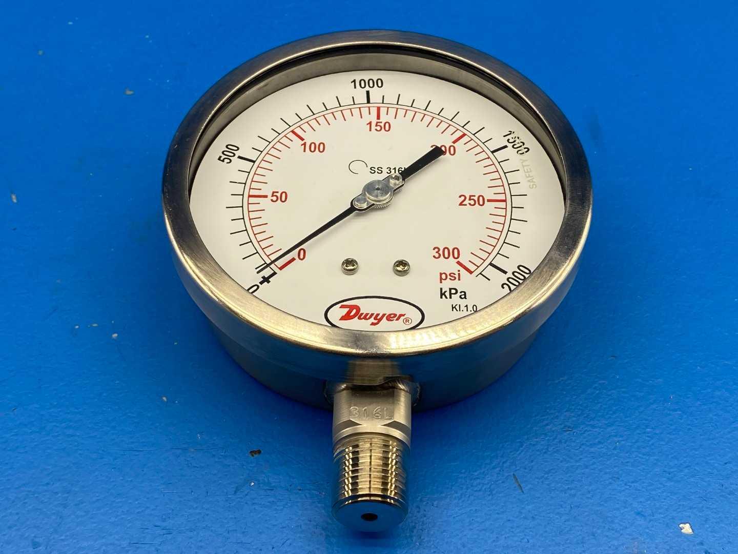 Dwyer SGL-G0824N 4.5" Stainless Steel Industrial Pressure Gage, 0-300 PSI