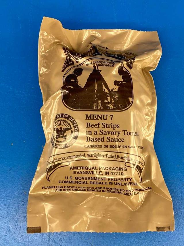 MRE Meal 2025, Ready-to-Eat Menu 7 Beef Strips in a Savory Tomato Based Sauce