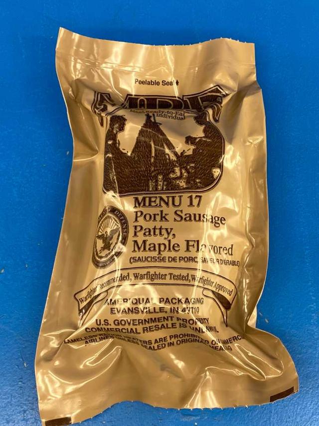 MRE Meal 2025, Ready-to-Eat Menu 17 Pork Sausage Patty, Maple Flavored