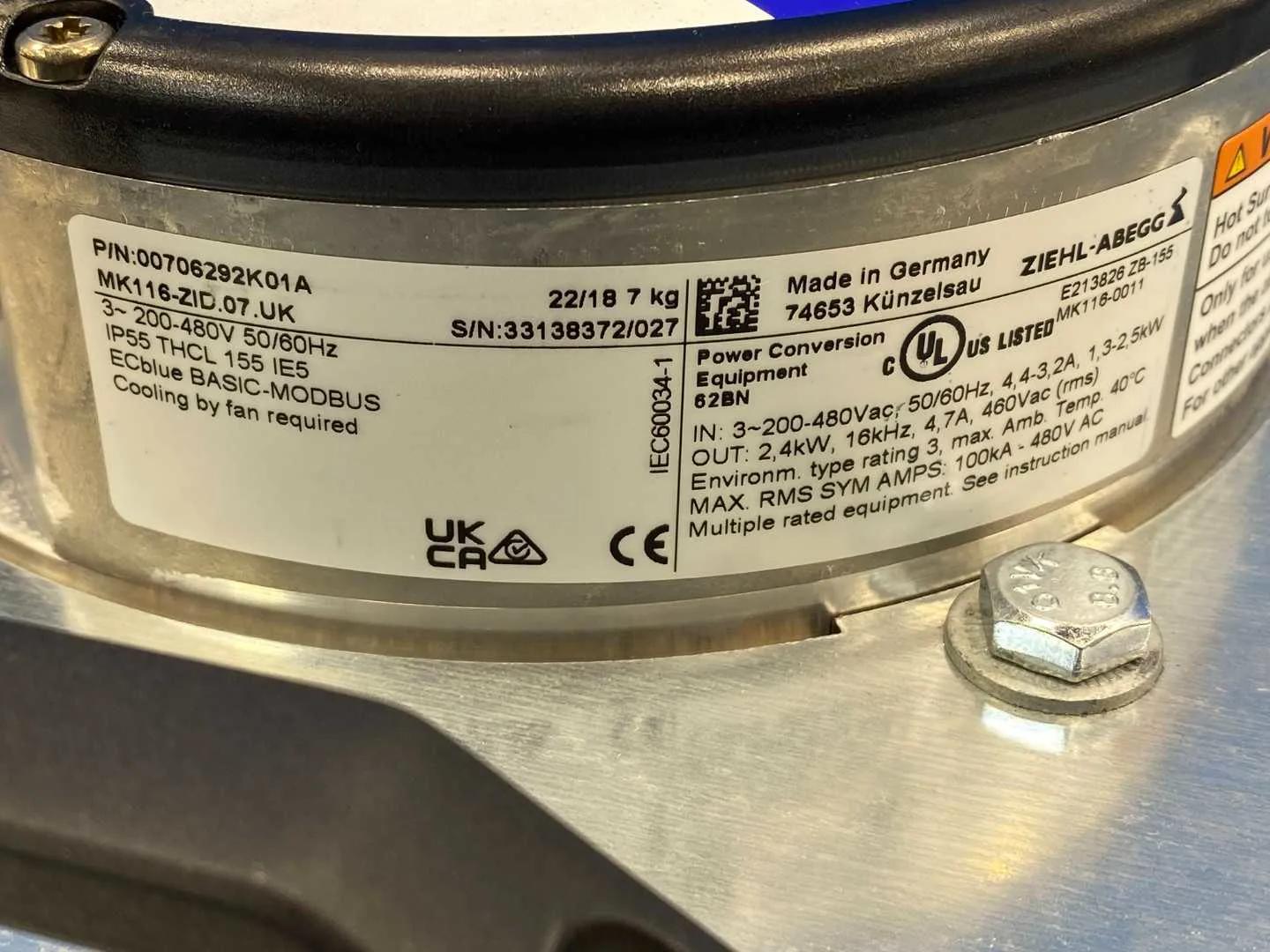 Ziehl-Abegg E213826 ZB-155 ECBlue Fan, 54000407 380-480VAC