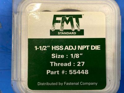 FMT 1-1\2" HSS ADJ NPT DIE Size: 1/8 Thread 27 PRT NO 55448 Standard