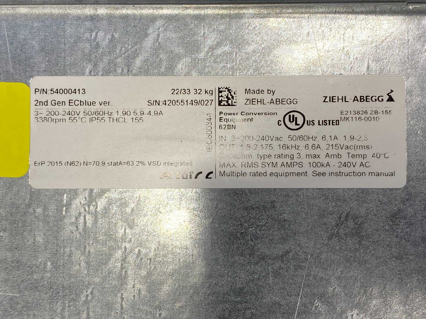Ziehl-Abegg 54000413 / MK116-ZID.07.UK ZIEHL ABEGG 2nd Gen ECblue