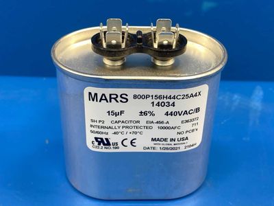 Mars 14034 Motor Run Capacitor , 15MFD, Oval, 440/370VAC Dual Voltage Rated