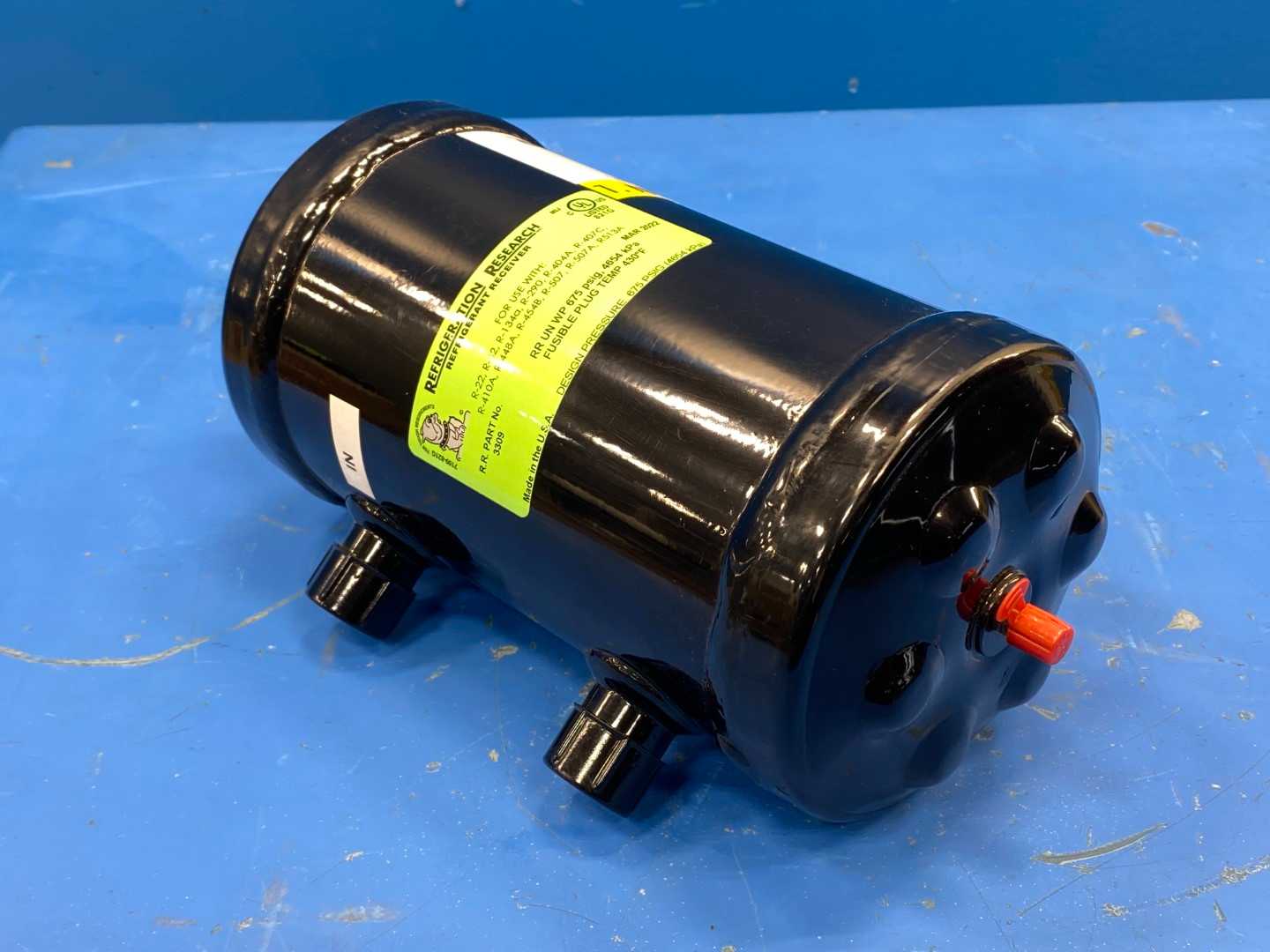 Refrigeration Research 3309 Refrigerant Receiver Higher Pressure Bulldog 1" Rotalock, Leek Pruf 675 PSIG 5.5Lbs Capacity