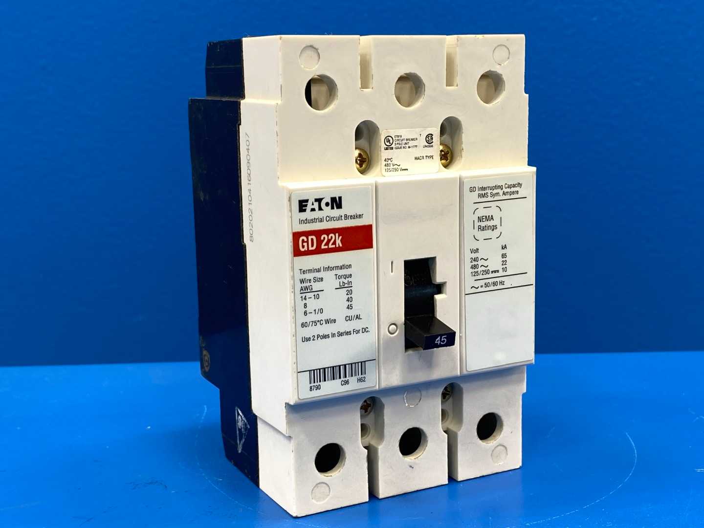 Eaton GD3045 45 Amp Industrial Molded Case Circuit Breaker Series C 480V 3-Pole