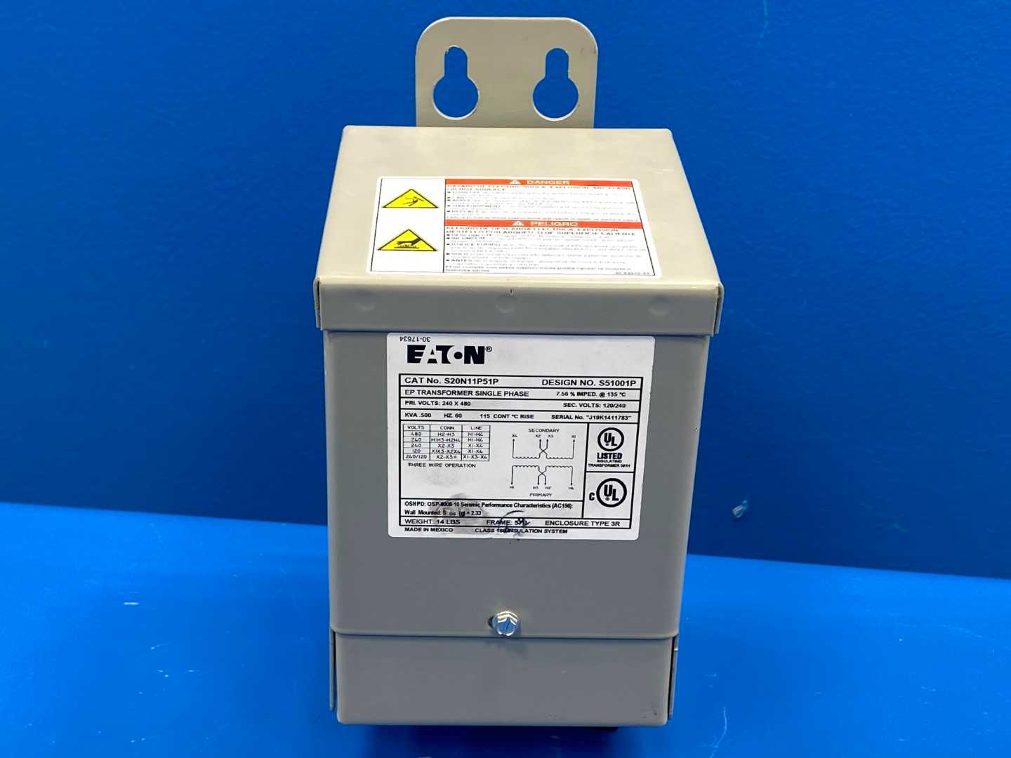 Eaton S20N11P51P 0.500 kVA Single Phase EP Transformer Pri: 240V x 480V Sec: 120/240V NEMA Type 3R